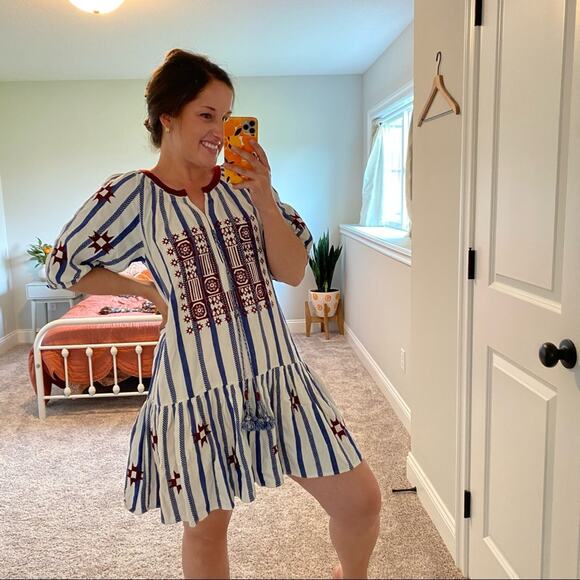 FIGUE Red White Blue Embroidered Puff Sleeve Mini Dress Medium M - Picture 7 of 14